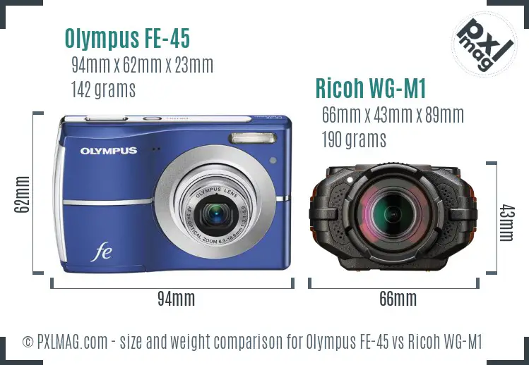 Olympus FE-45 vs Ricoh WG-M1 size comparison Olympus FE-45 vs Ricoh WG-M1 size comparison