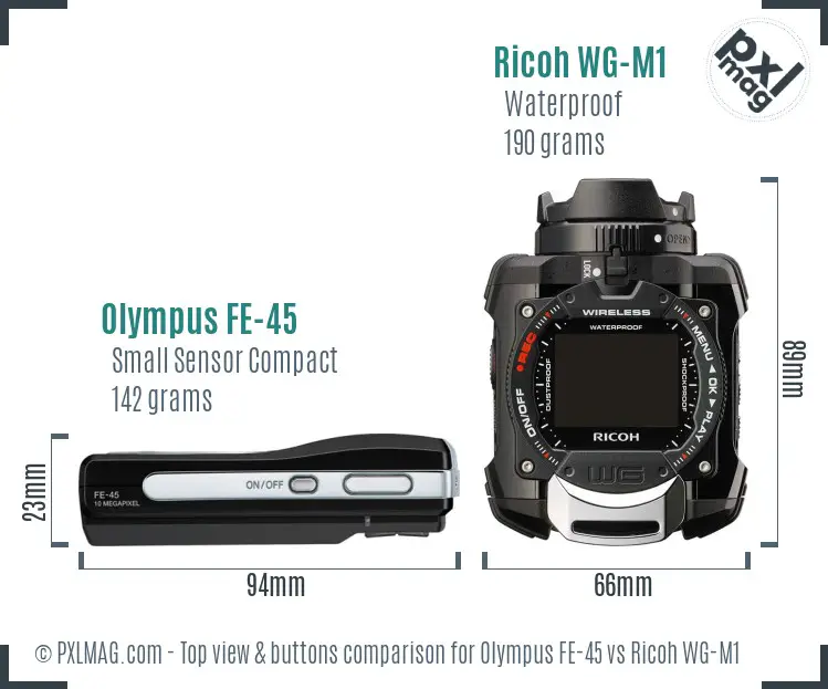 Olympus FE-45 vs Ricoh WG-M1 top view buttons comparison Olympus FE-45 vs Ricoh WG-M1 top view buttons comparison