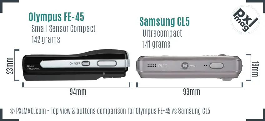 Olympus FE-45 vs Samsung CL5 top view buttons comparison