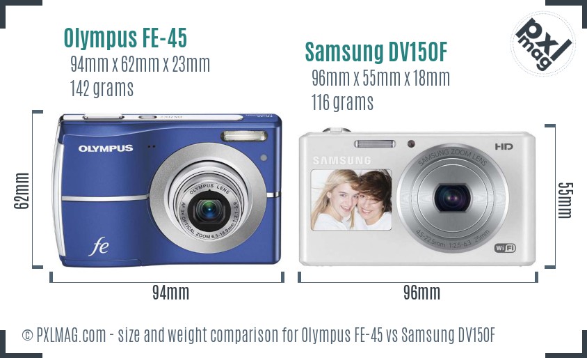 Olympus FE-45 vs Samsung DV150F size comparison