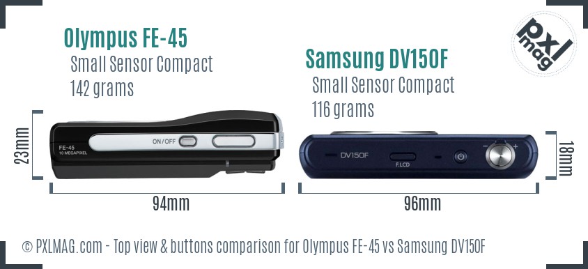 Olympus FE-45 vs Samsung DV150F top view buttons comparison