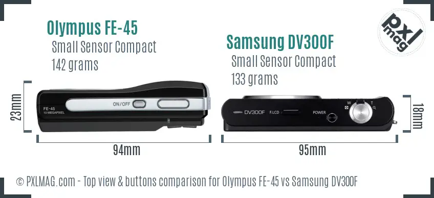 Olympus FE-45 vs Samsung DV300F top view buttons comparison Olympus FE-45 vs Samsung DV300F top view buttons comparison
