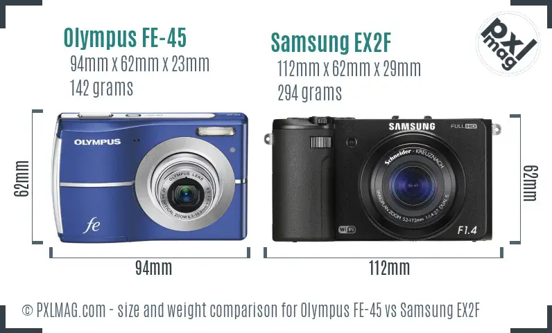 Olympus FE-45 vs Samsung EX2F size comparison