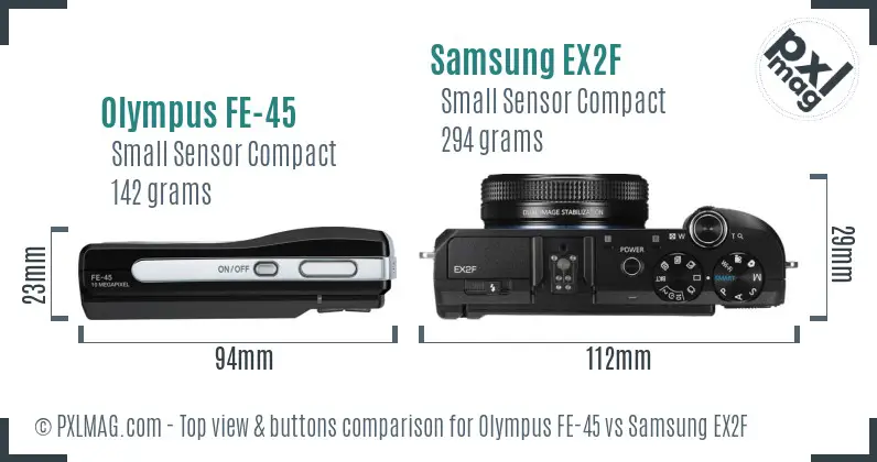 Olympus FE-45 vs Samsung EX2F top view buttons comparison