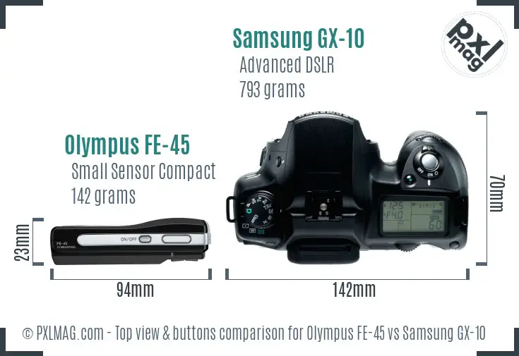 Olympus FE-45 vs Samsung GX-10 top view buttons comparison