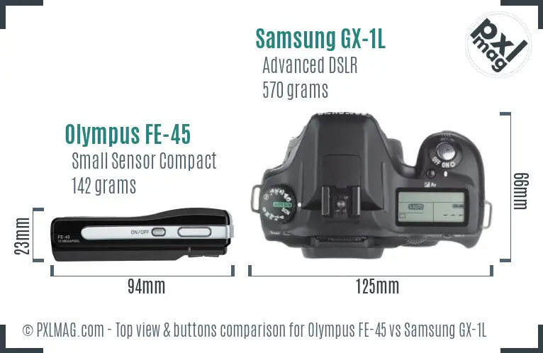 Olympus FE-45 vs Samsung GX-1L top view buttons comparison Olympus FE-45 vs Samsung GX-1L top view buttons comparison