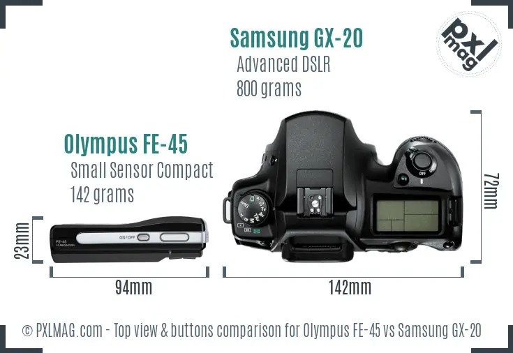 Olympus FE-45 vs Samsung GX-20 top view buttons comparison