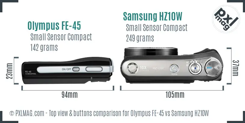 Olympus FE-45 vs Samsung HZ10W top view buttons comparison Olympus FE-45 vs Samsung HZ10W top view buttons comparison