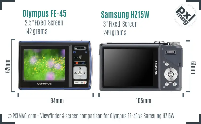 Olympus FE-45 vs Samsung HZ15W Screen and Viewfinder comparison