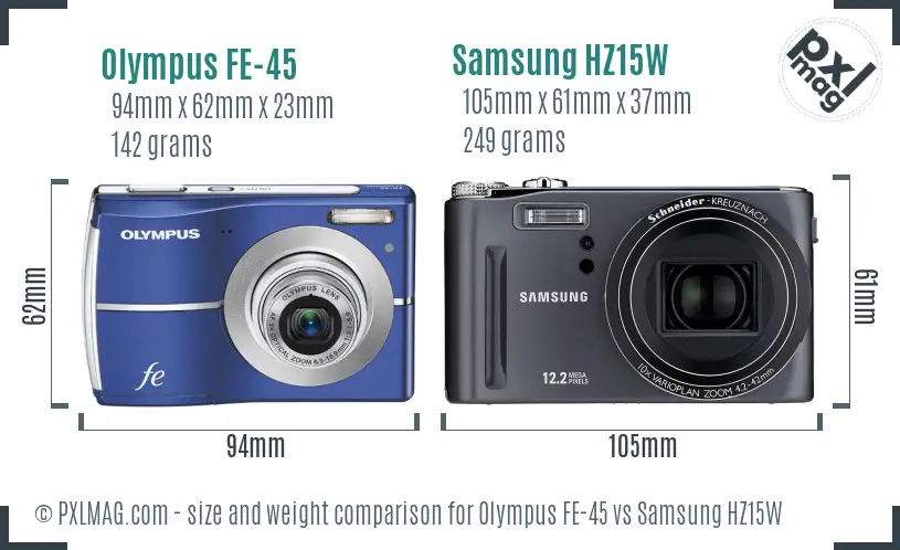 Olympus FE-45 vs Samsung HZ15W size comparison