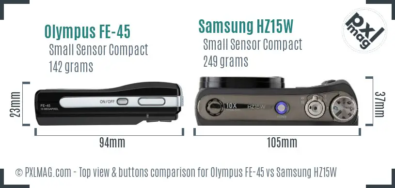 Olympus FE-45 vs Samsung HZ15W top view buttons comparison