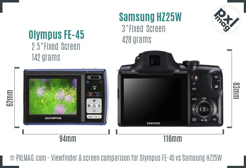 Olympus FE-45 vs Samsung HZ25W Screen and Viewfinder comparison Olympus FE-45 vs Samsung HZ25W Screen and Viewfinder comparison