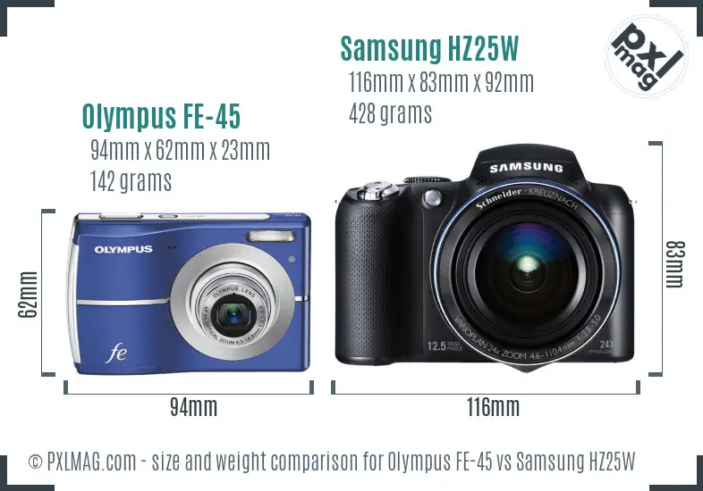 Olympus FE-45 vs Samsung HZ25W size comparison Olympus FE-45 vs Samsung HZ25W size comparison