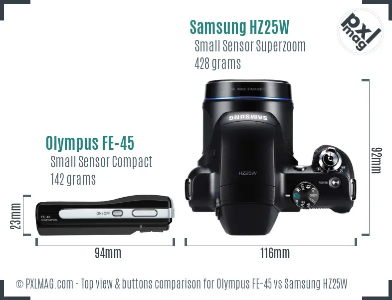 Olympus FE-45 vs Samsung HZ25W top view buttons comparison Olympus FE-45 vs Samsung HZ25W top view buttons comparison