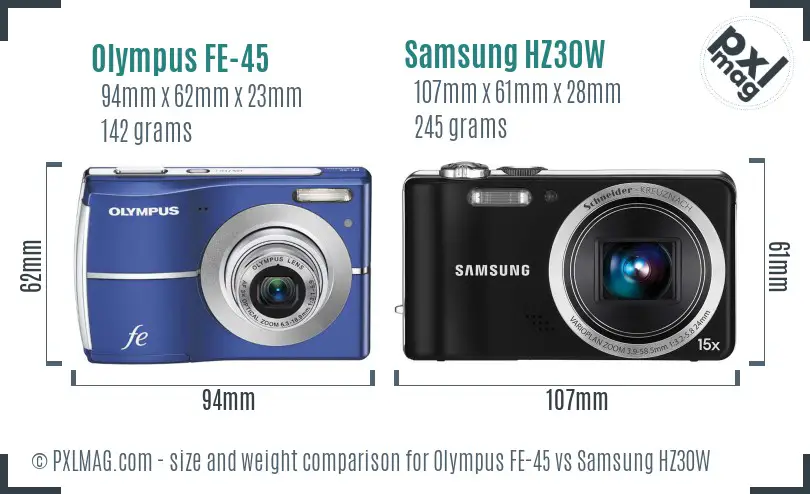 Olympus FE-45 vs Samsung HZ30W size comparison