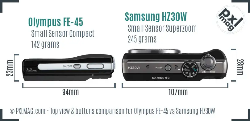 Olympus FE-45 vs Samsung HZ30W top view buttons comparison