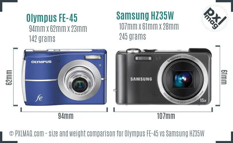 Olympus FE-45 vs Samsung HZ35W size comparison