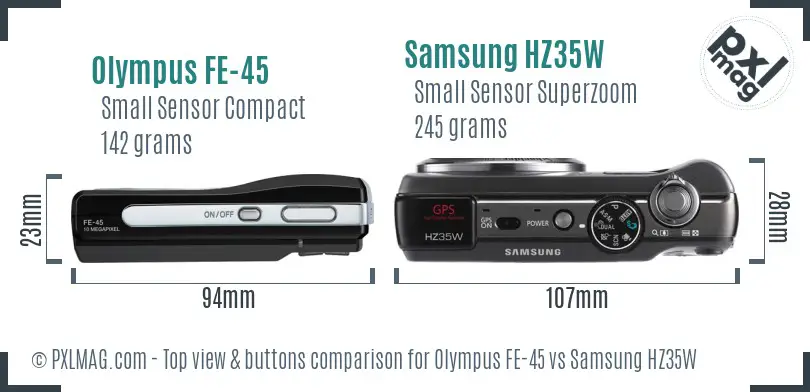 Olympus FE-45 vs Samsung HZ35W top view buttons comparison