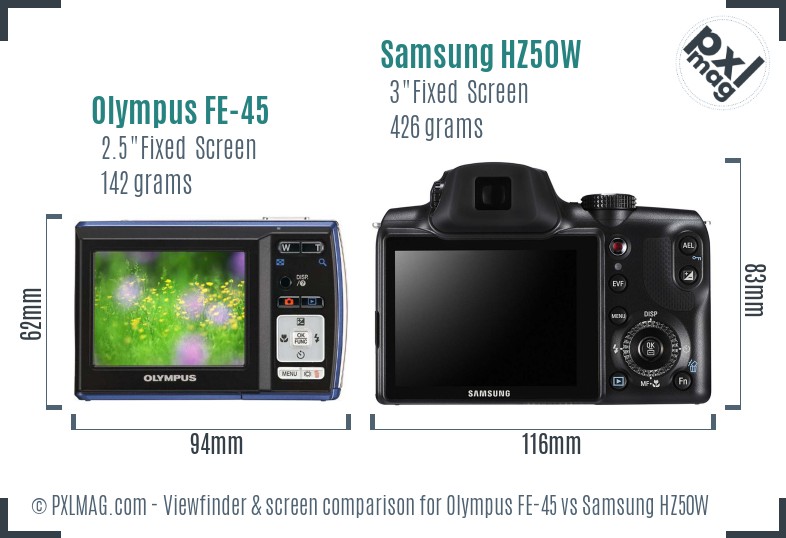 Olympus FE-45 vs Samsung HZ50W Screen and Viewfinder comparison
