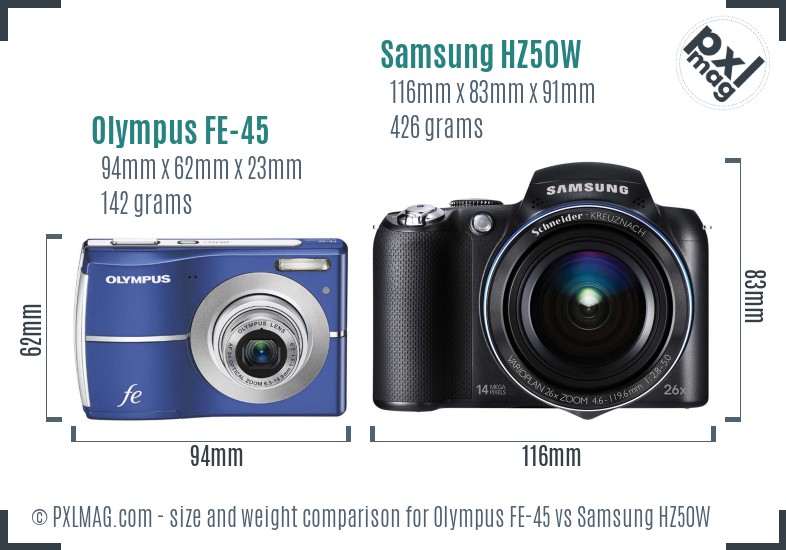 Olympus FE-45 vs Samsung HZ50W size comparison