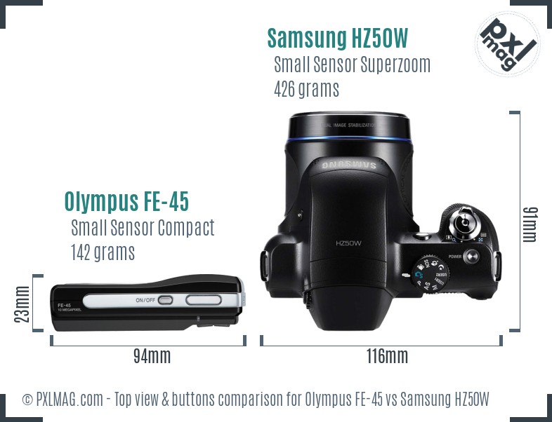 Olympus FE-45 vs Samsung HZ50W top view buttons comparison