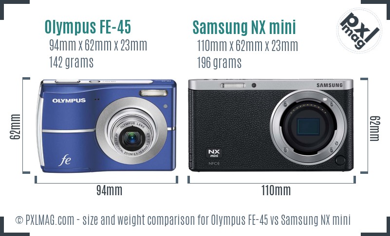 Olympus FE-45 vs Samsung NX mini size comparison