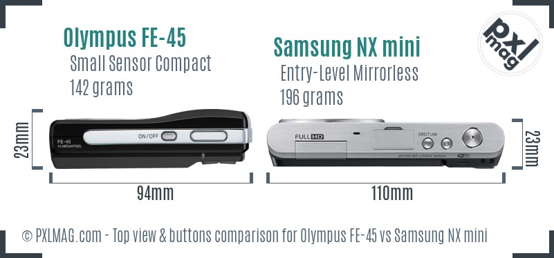 Olympus FE-45 vs Samsung NX mini top view buttons comparison