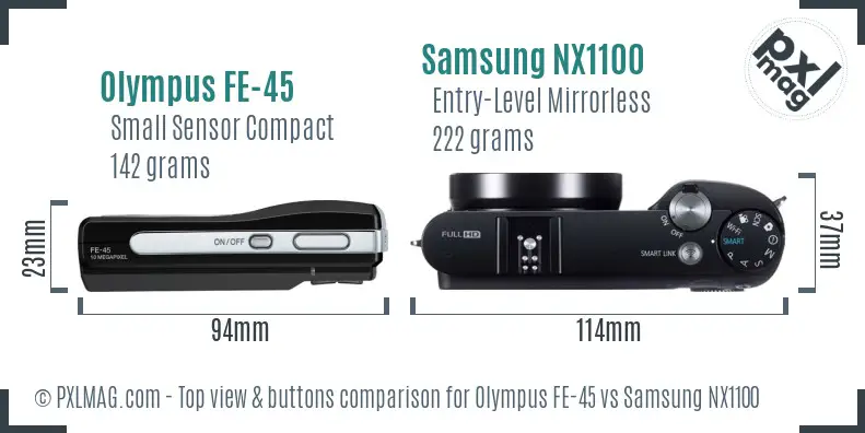 Olympus FE-45 vs Samsung NX1100 top view buttons comparison Olympus FE-45 vs Samsung NX1100 top view buttons comparison