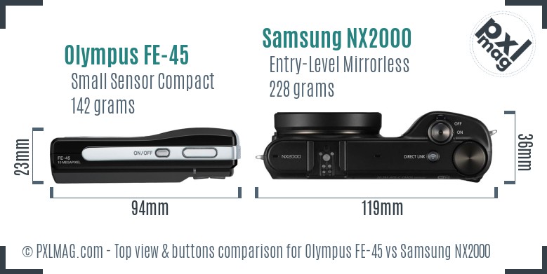 Olympus FE-45 vs Samsung NX2000 top view buttons comparison