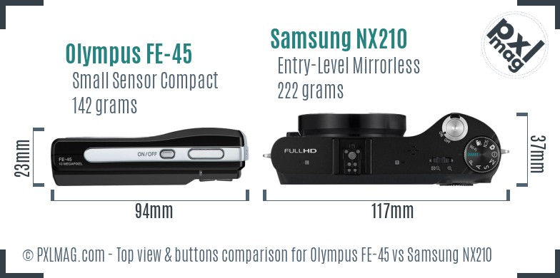 Olympus FE-45 vs Samsung NX210 top view buttons comparison