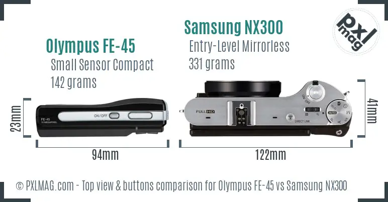 Olympus FE-45 vs Samsung NX300 top view buttons comparison