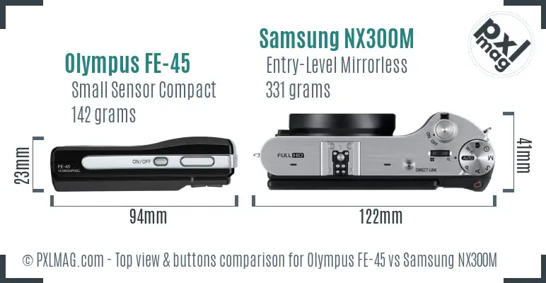 Olympus FE-45 vs Samsung NX300M top view buttons comparison