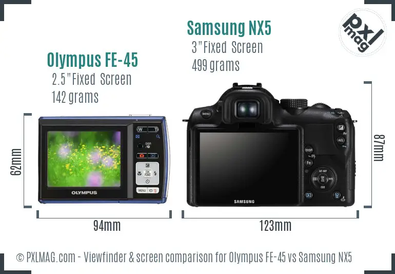 Olympus FE-45 vs Samsung NX5 Screen and Viewfinder comparison