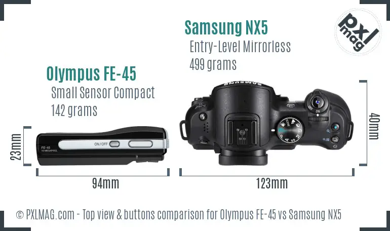 Olympus FE-45 vs Samsung NX5 top view buttons comparison