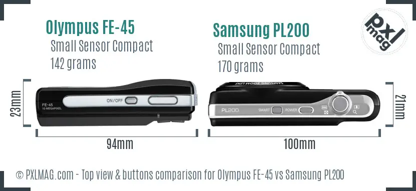 Olympus FE-45 vs Samsung PL200 top view buttons comparison