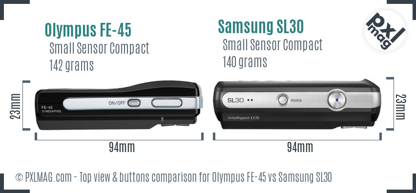 Olympus FE-45 vs Samsung SL30 top view buttons comparison