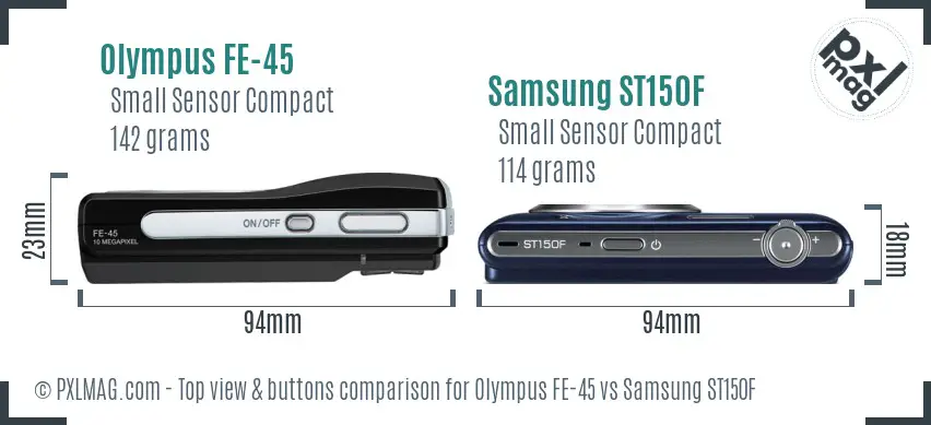 Olympus FE-45 vs Samsung ST150F top view buttons comparison Olympus FE-45 vs Samsung ST150F top view buttons comparison