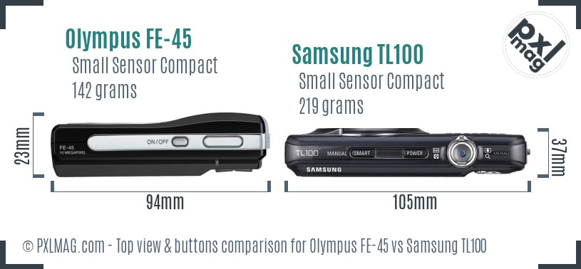 Olympus FE-45 vs Samsung TL100 top view buttons comparison