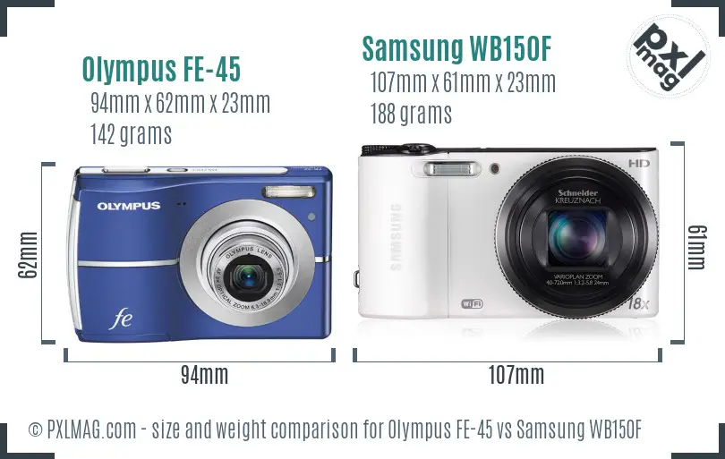 Olympus FE-45 vs Samsung WB150F size comparison