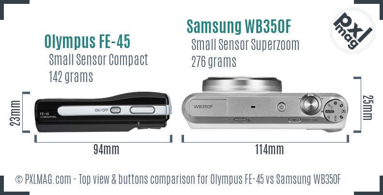 Olympus FE-45 vs Samsung WB350F top view buttons comparison
