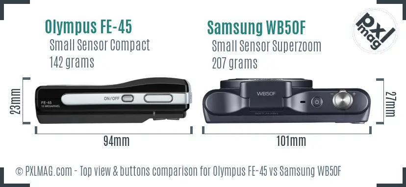 Olympus FE-45 vs Samsung WB50F top view buttons comparison Olympus FE-45 vs Samsung WB50F top view buttons comparison