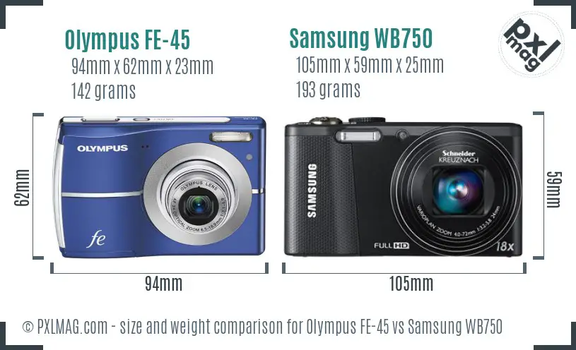 Olympus FE-45 vs Samsung WB750 size comparison