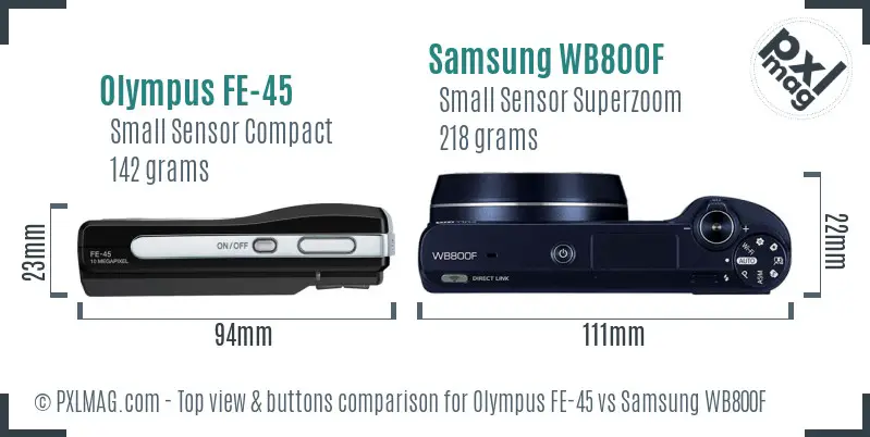Olympus FE-45 vs Samsung WB800F top view buttons comparison Olympus FE-45 vs Samsung WB800F top view buttons comparison