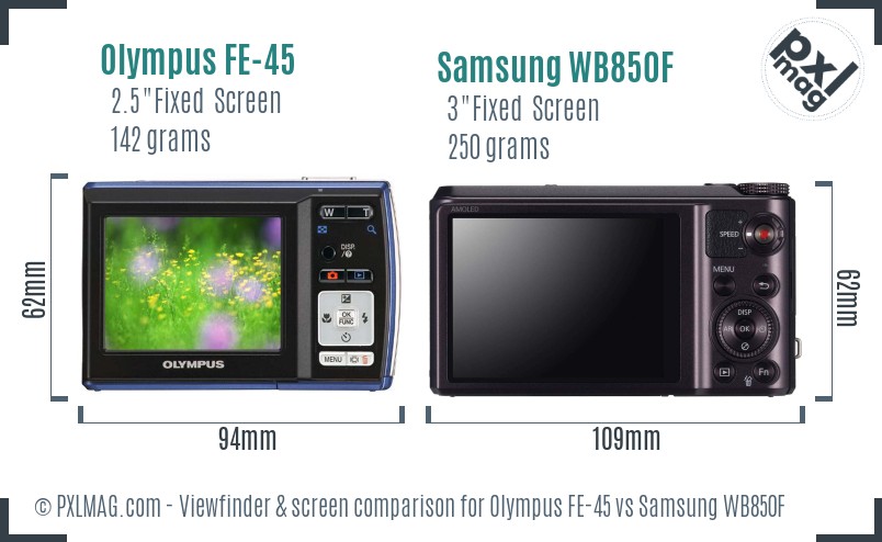 Olympus FE-45 vs Samsung WB850F Screen and Viewfinder comparison