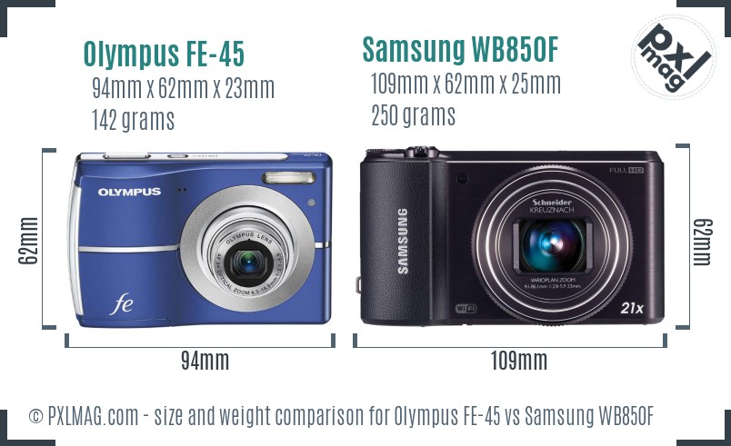 Olympus FE-45 vs Samsung WB850F size comparison