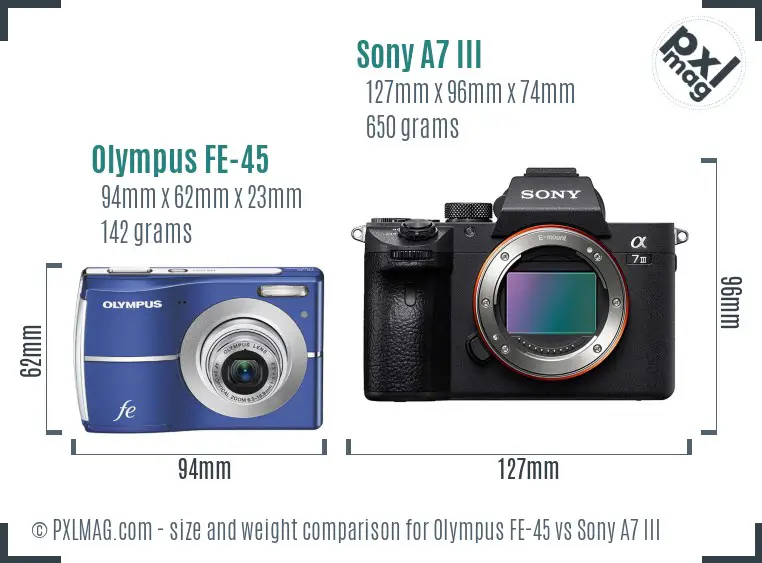 Olympus FE-45 vs Sony A7 III size comparison