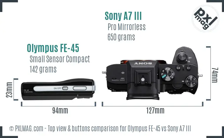 Olympus FE-45 vs Sony A7 III top view buttons comparison