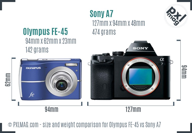 Olympus FE-45 vs Sony A7 size comparison