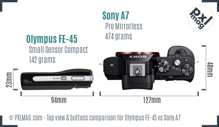 Olympus FE-45 vs Sony A7 top view buttons comparison
