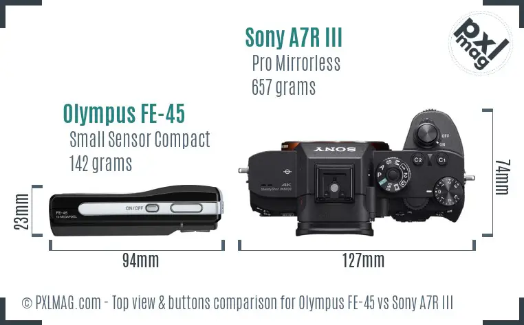 Olympus FE-45 vs Sony A7R III top view buttons comparison